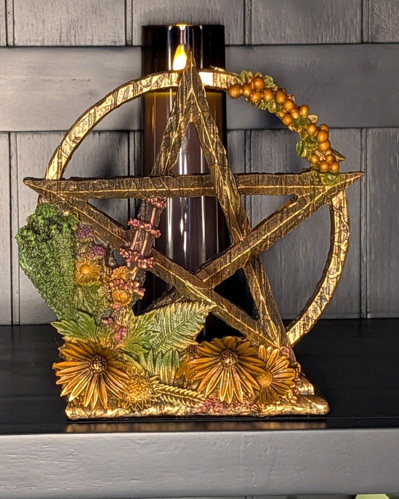 Litha summer pentagram with golden flowers