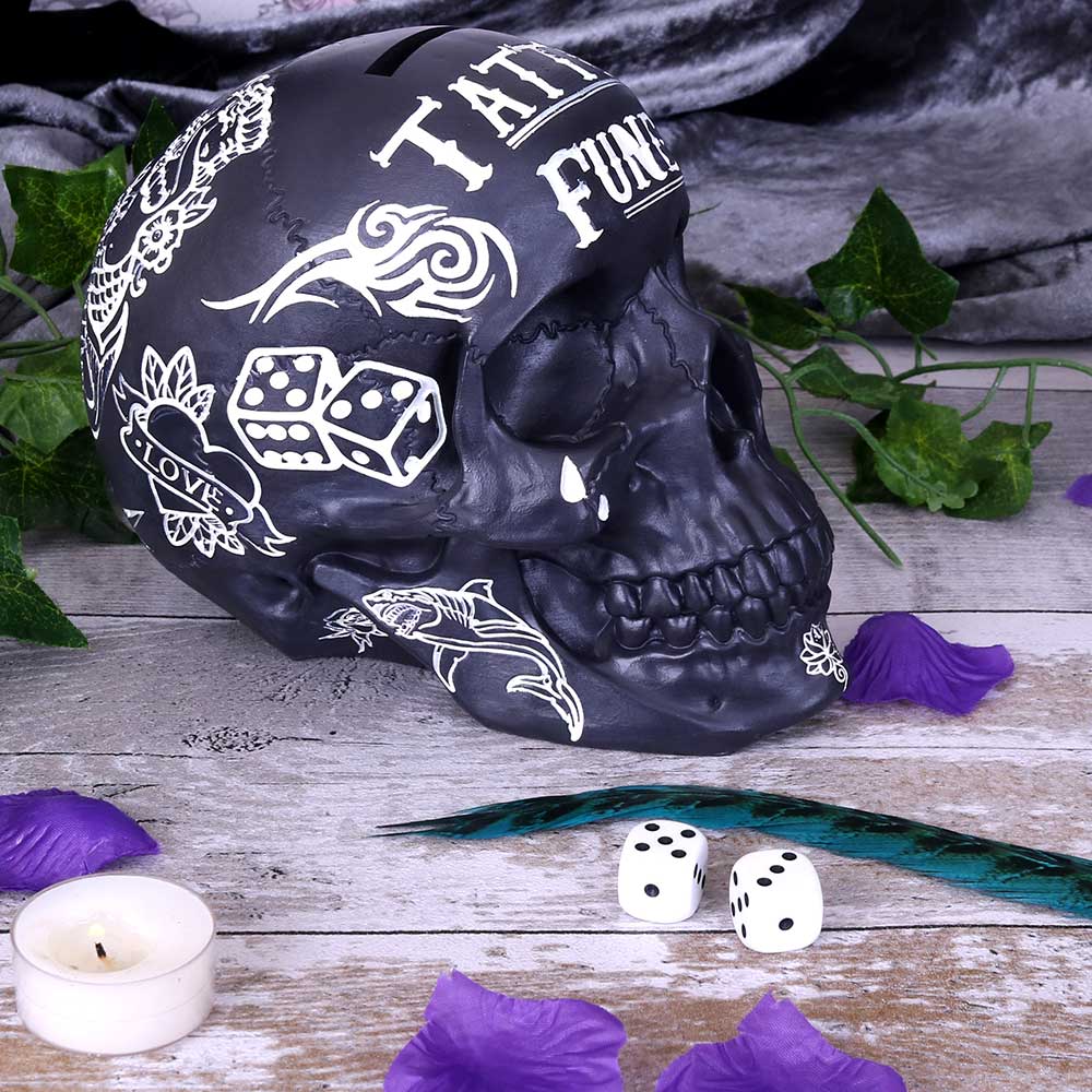 Tattoo Fund Black Skull Money Box — view 9 — Nemesis Now B5109R0