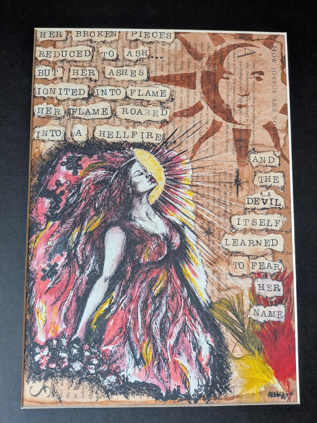 Hellfire mounted A4 cotton canvas art print by Rowena Searby-Rodgers — full print view 3