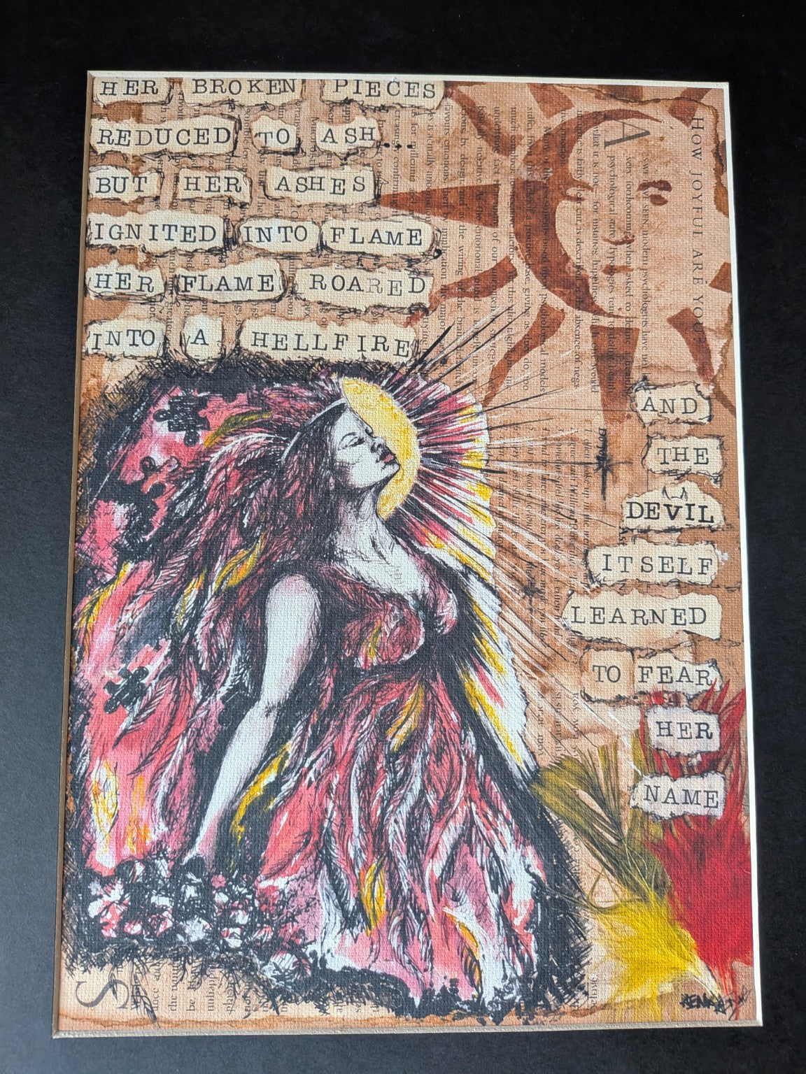 Hellfire mounted A4 cotton canvas art print by Rowena Searby-Rodgers — full print view 3