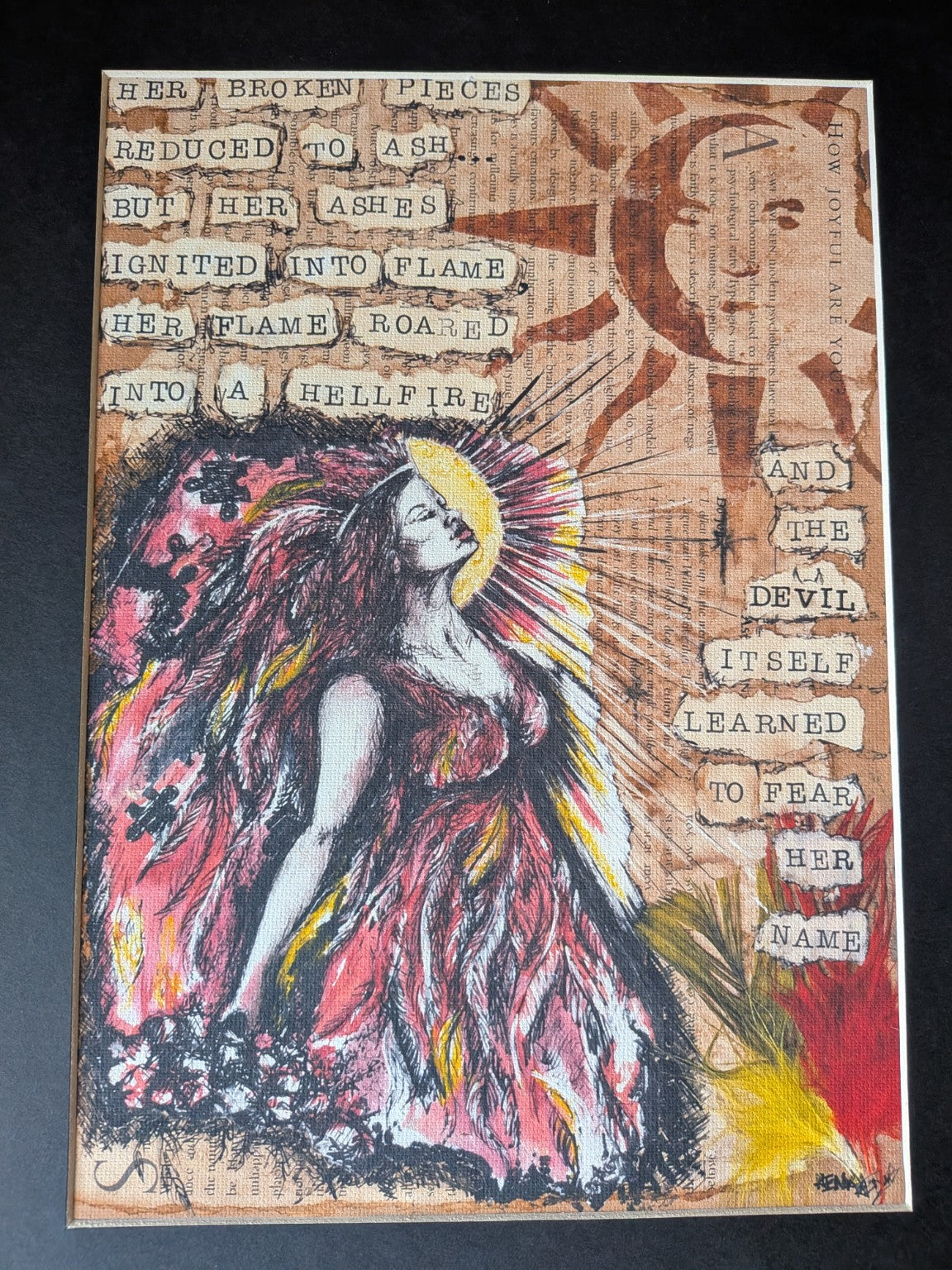 Hellfire mounted A4 cotton canvas art print by Rowena Searby-Rodgers — full print view 4