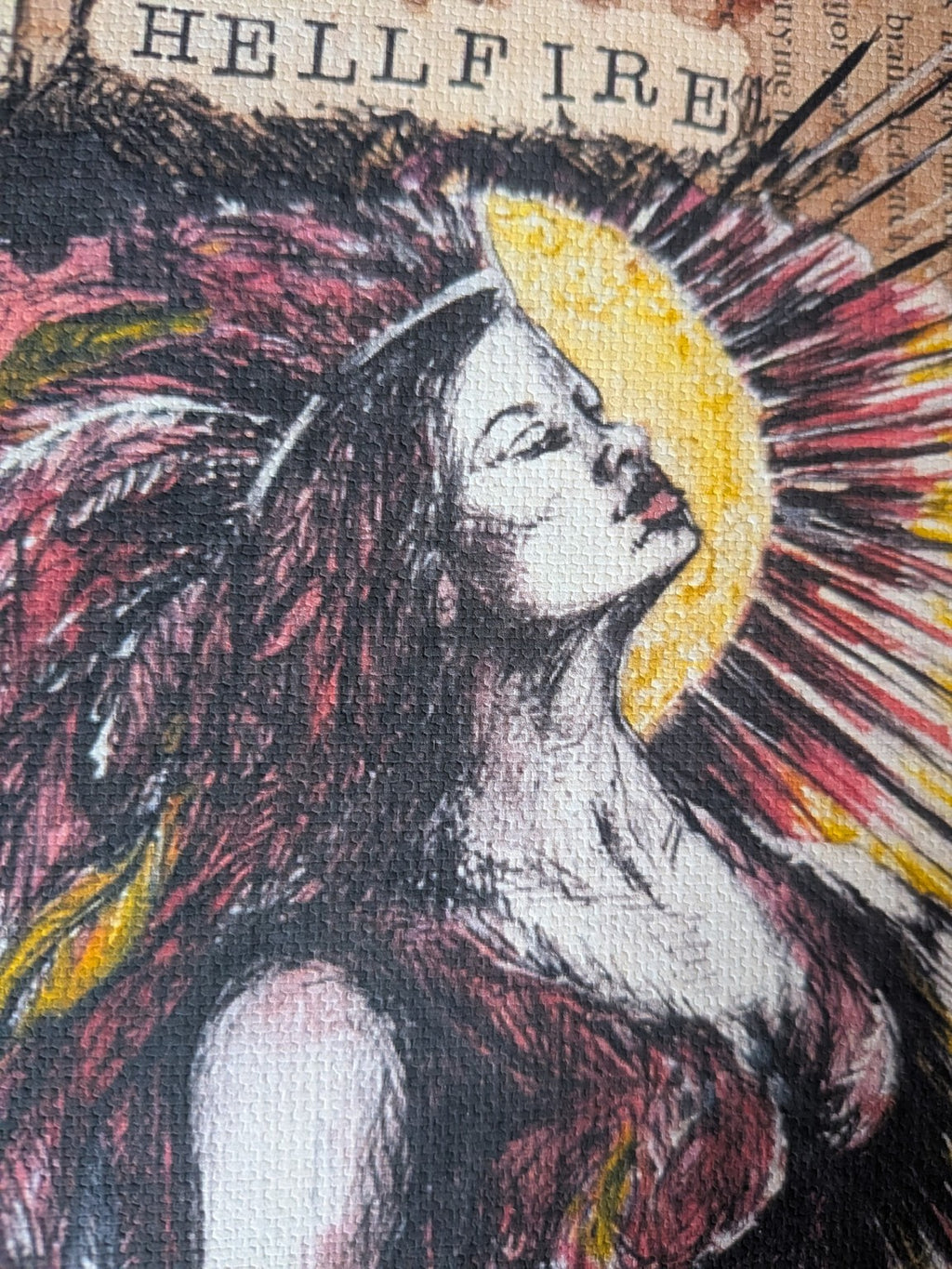 Hellfire art print — close-up artwork and canvas texture detail 2
