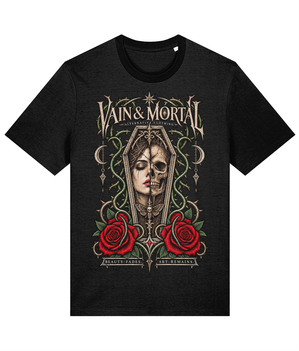 VAIN & MORTAL Beauty Fades Art Remains organic black standard T-shirt — product mock-up