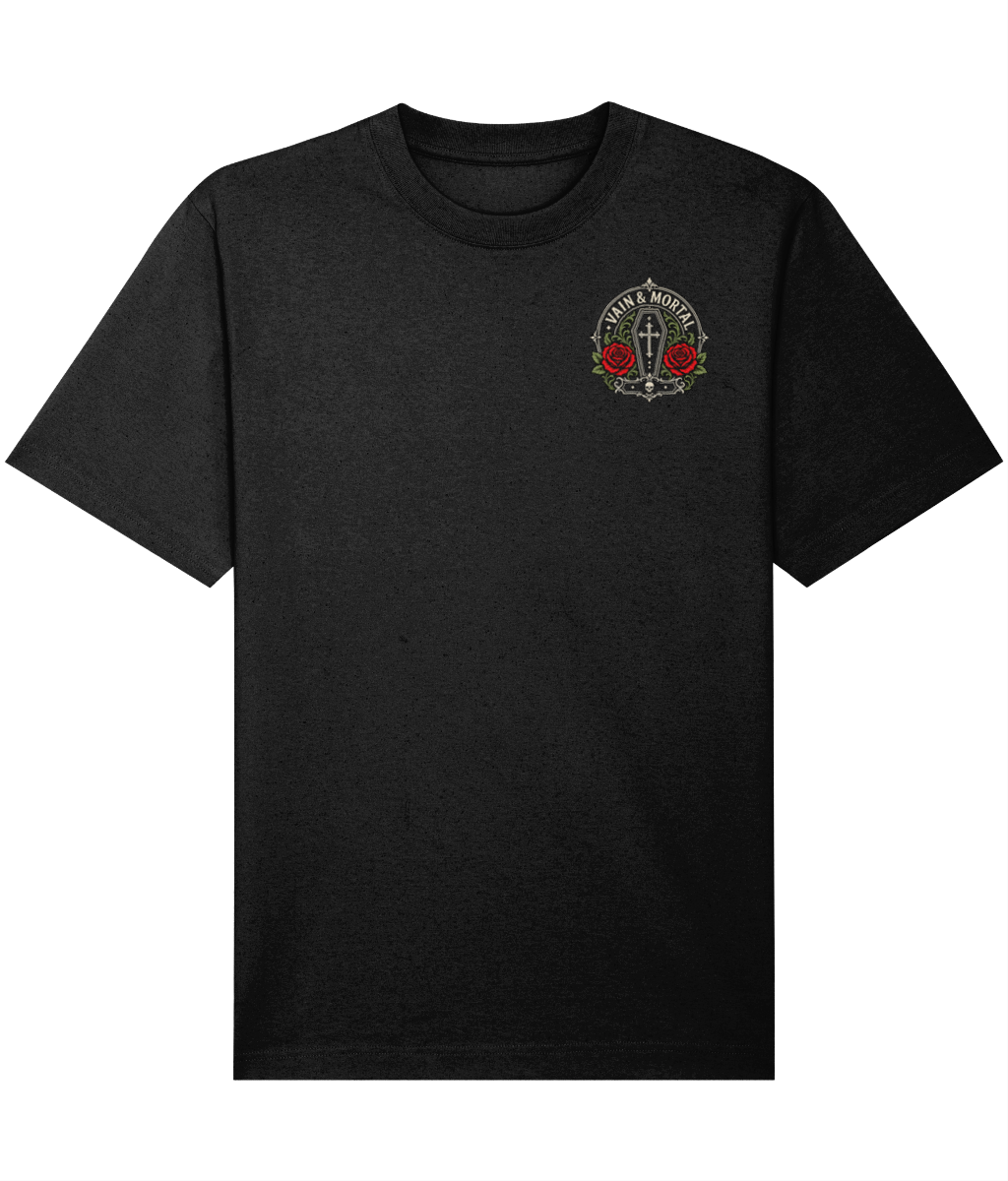 VAIN & MORTAL Beauty Fades. Art Remains. heavyweight organic black T-shirt — front artwork