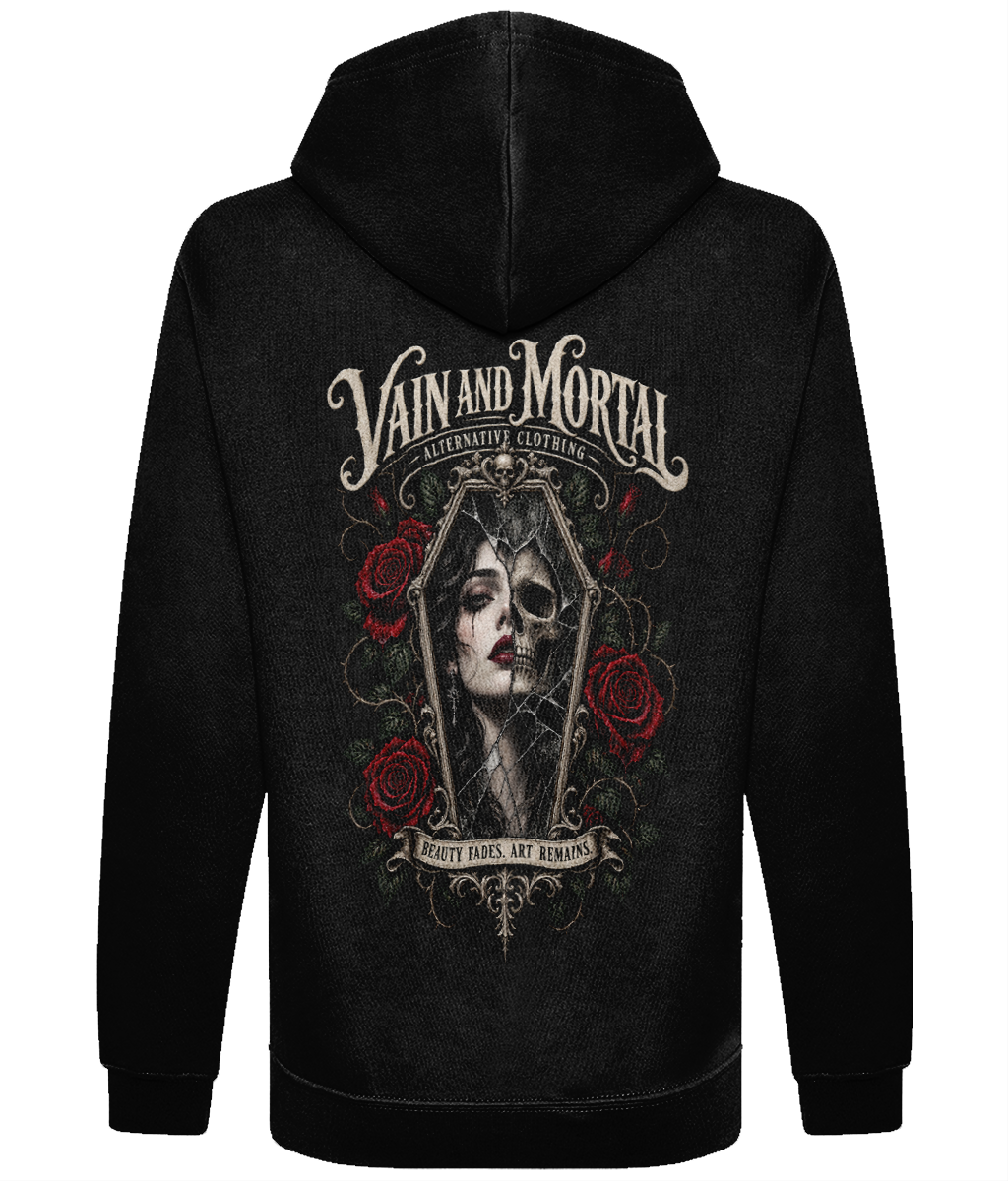 VAIN & MORTAL Beauty Fades. Art Remains. organic hoodie in Black — back artwork