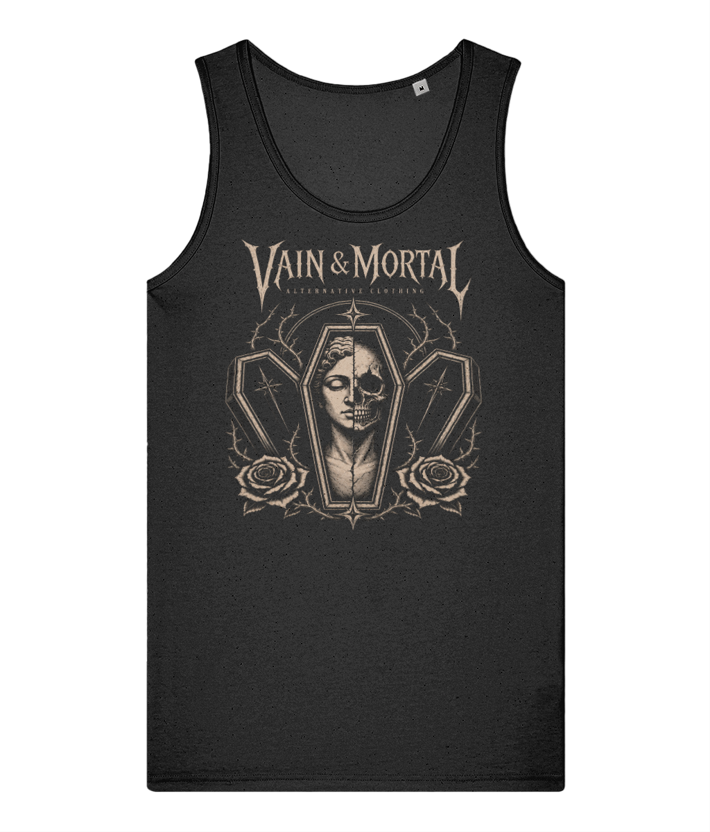 Black Stanley/Stella men’s organic cotton vest with VAIN & MORTAL Triple Coffin gothic artwork printed on the front.