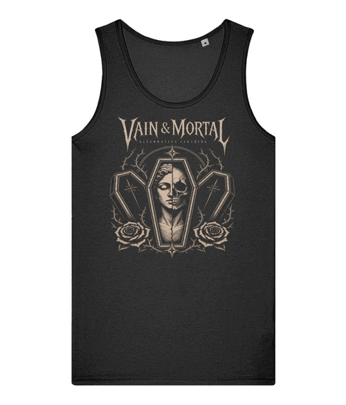 Black Stanley/Stella men’s organic cotton vest with VAIN & MORTAL Triple Coffin gothic artwork printed on the front.