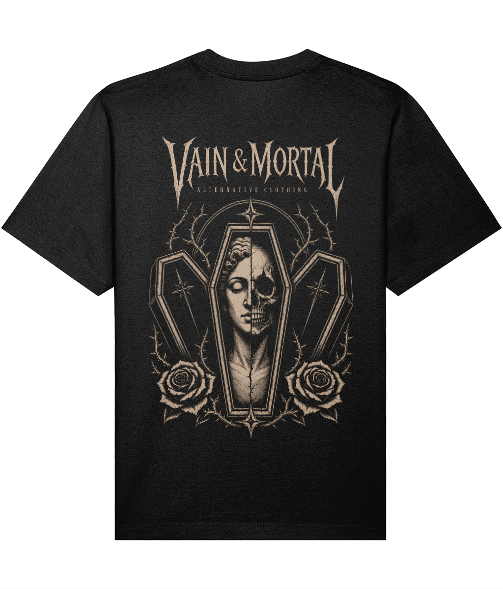 VAIN & MORTAL Beauty Fades. Art Remains. heavyweight organic black T-shirt — back artwork