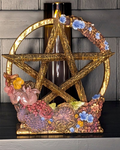 Season of the Pentagram Ostara Spring figurine, full front view with pink and blue flowers