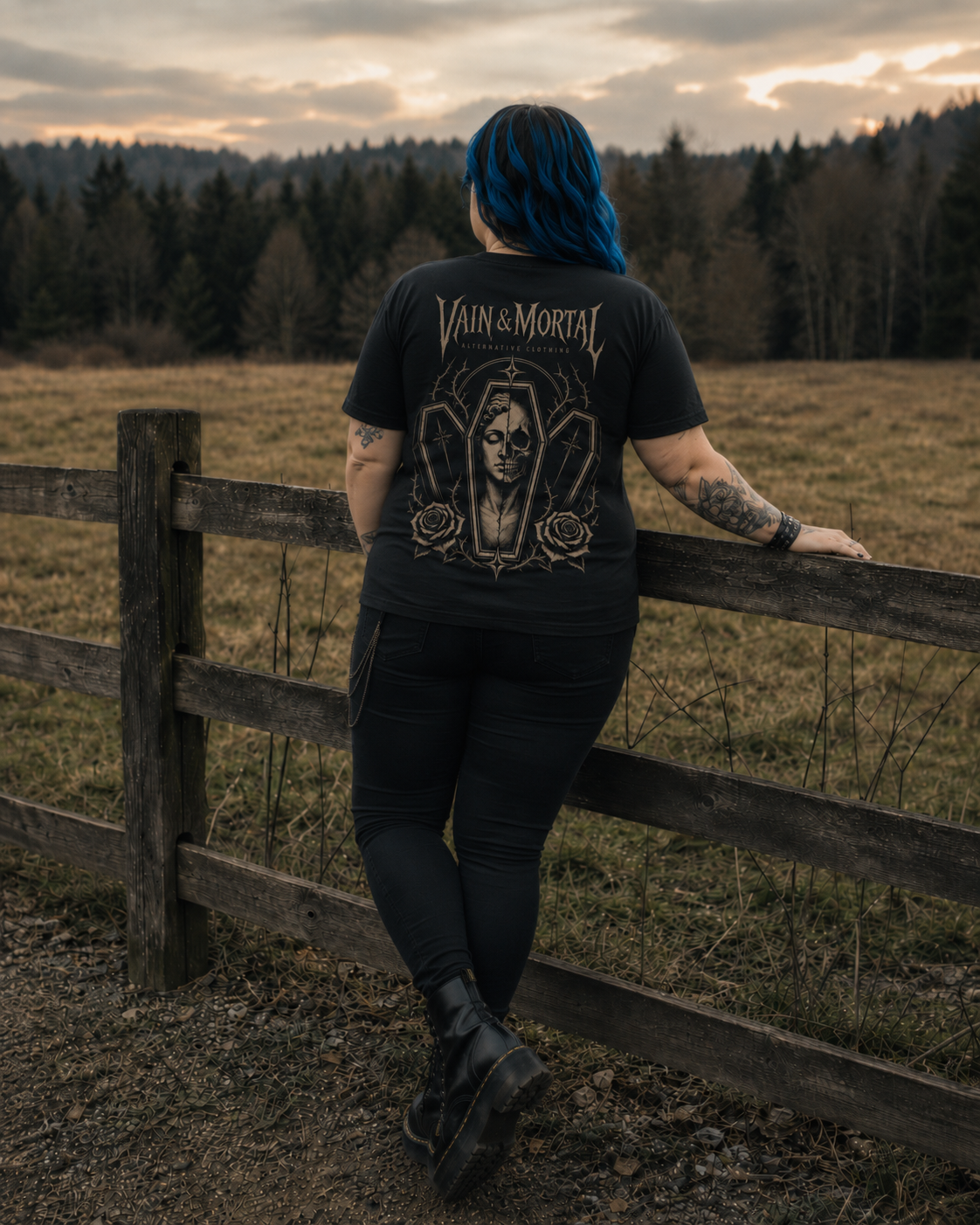 VAIN & MORTAL heavyweight organic black T-shirt with Beauty Fades. Art Remains. artwork