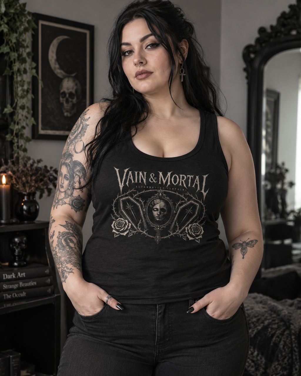 Beauty Fades. Art Remains. women’s black fitted organic cotton vest with gothic artwork, front product view.