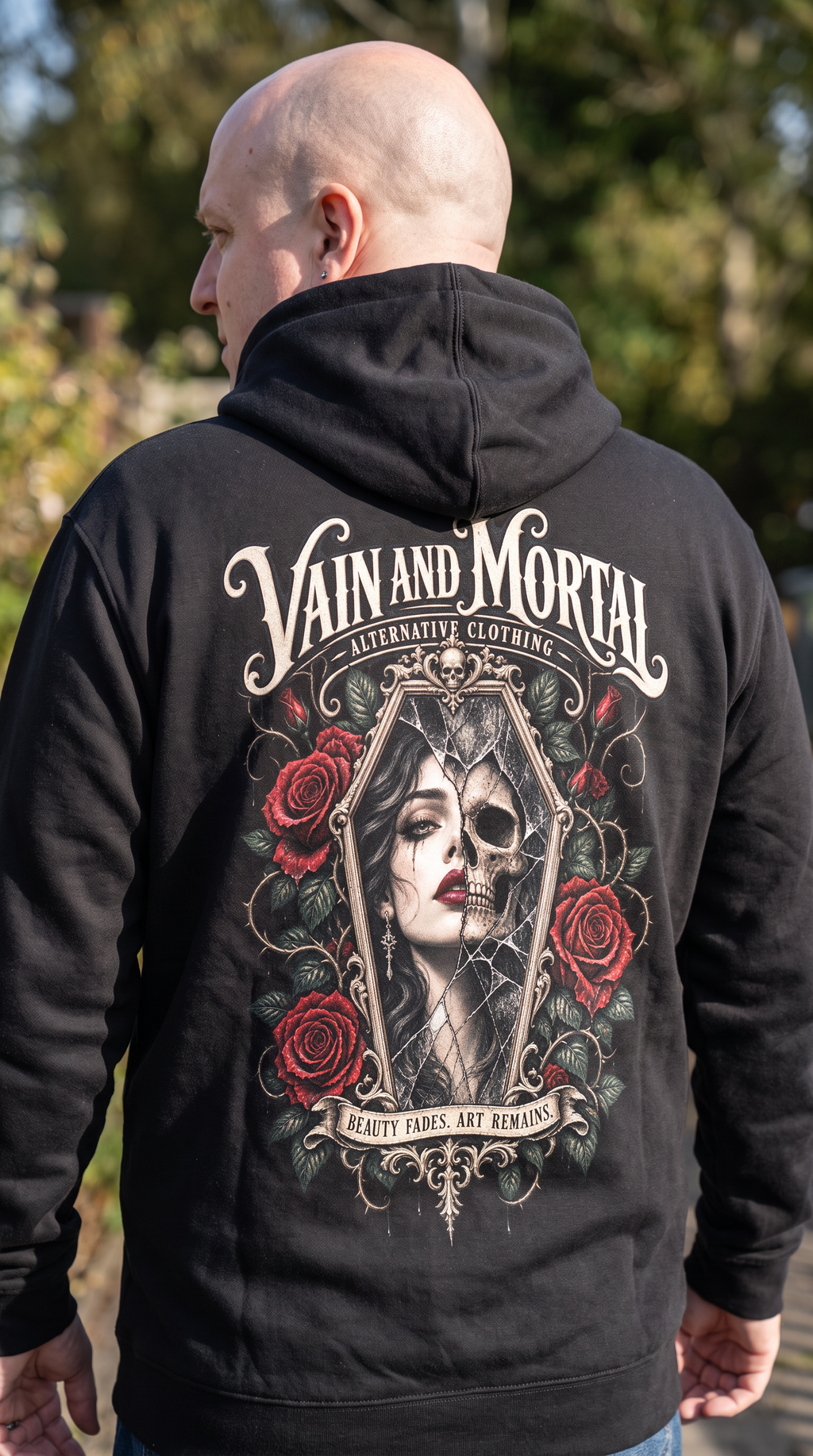 VAIN & MORTAL organic hoodie in Black with gothic tattoo-inspired artwork