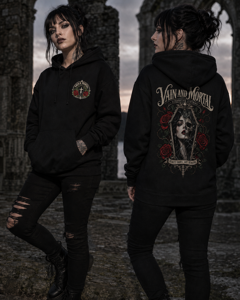 VAIN & MORTAL organic hoodie in Black with Beauty Fades. Art Remains. artwork