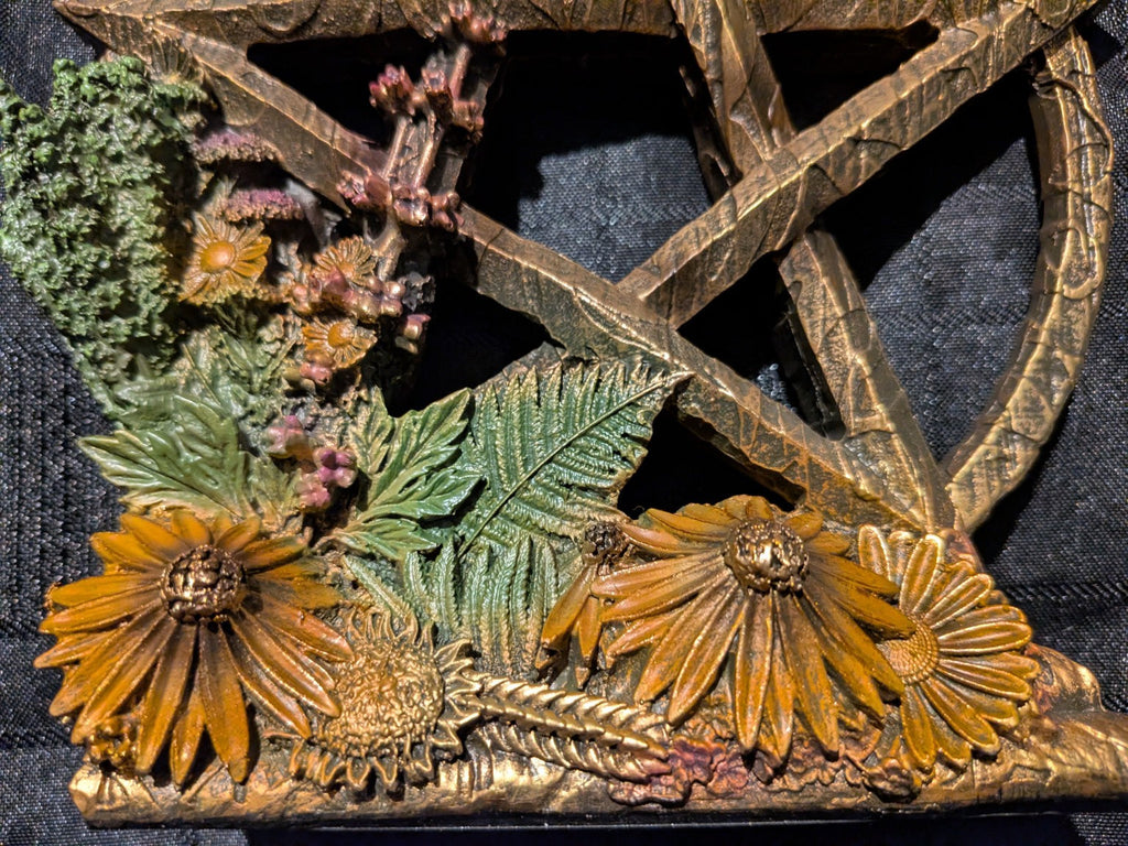 Litha pentagram summer daisies, leaves and foliage close-up