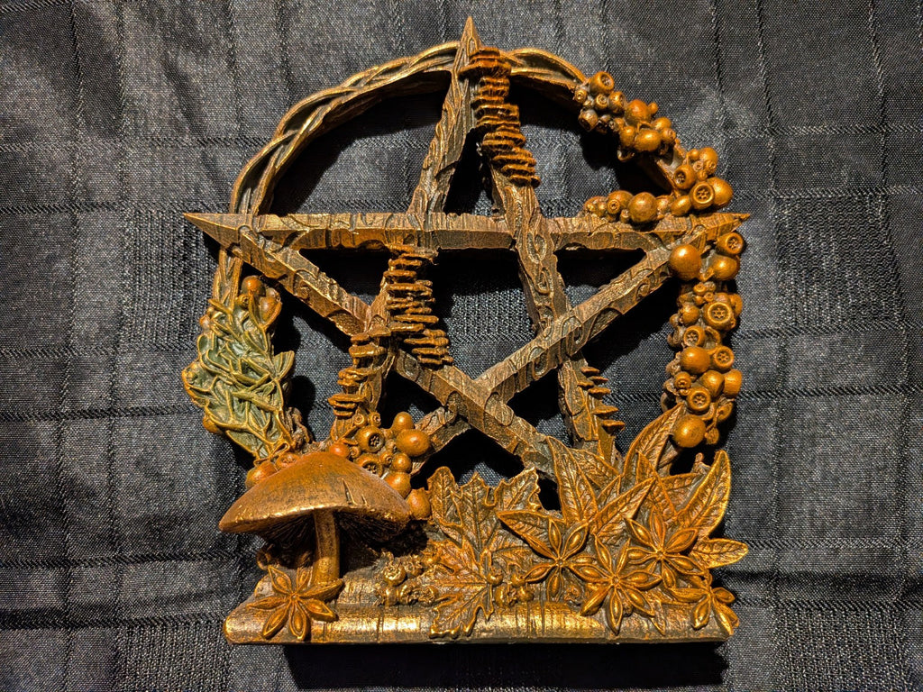 Nemesis Now Mabon Autumn pentagram, full front view with golden woodland details