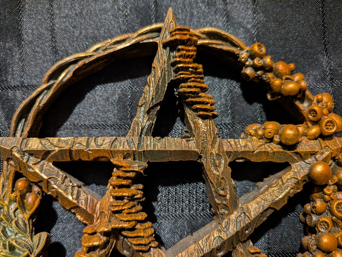 Mabon star detail with wooden bark textures and berries
