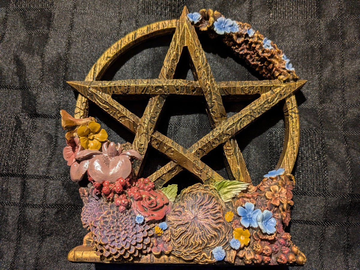 Nemesis Now Ostara Spring pentagram, full front view with pastel flowers