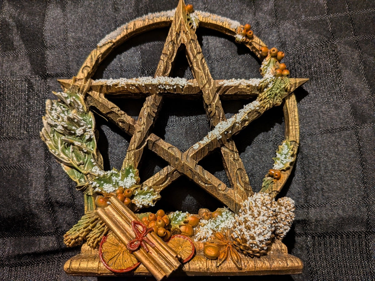 Season of the Pentagram Yule Winter 16.5cm full front view with cinnamon, dried oranges, berries, frosted pinecones and gold pentagram