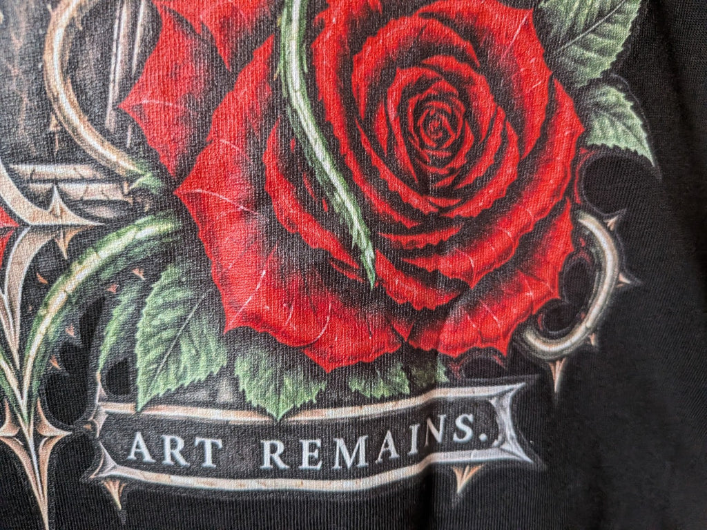 Beauty Fades Art Remains T-shirt — red rose and Art Remains print detail