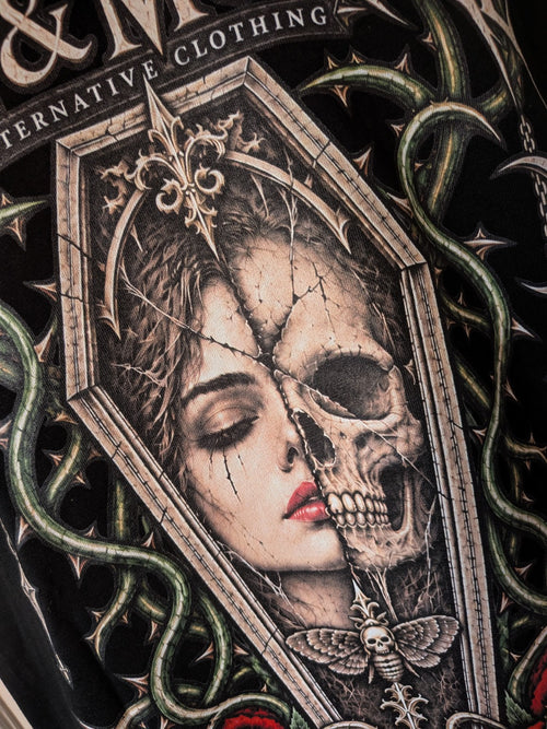 Beauty Fades Art Remains T-shirt — split woman and skull coffin artwork detail