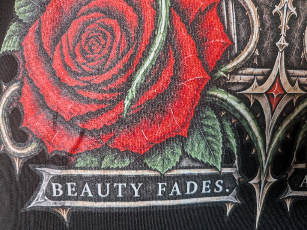 Beauty Fades Art Remains T-shirt — red rose and Beauty Fades print detail