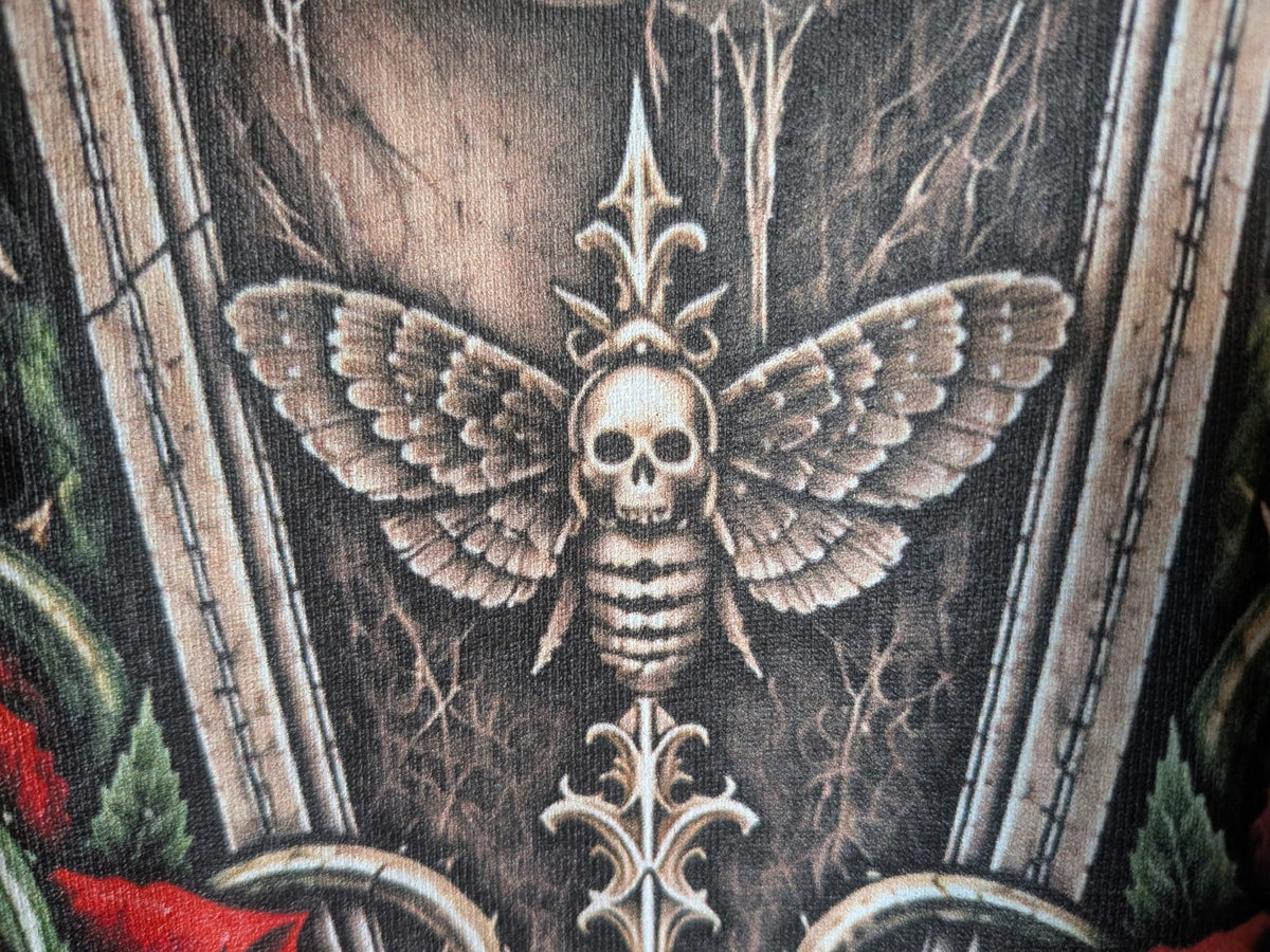 Beauty Fades Art Remains T-shirt — skull moth and gothic artwork print detail
