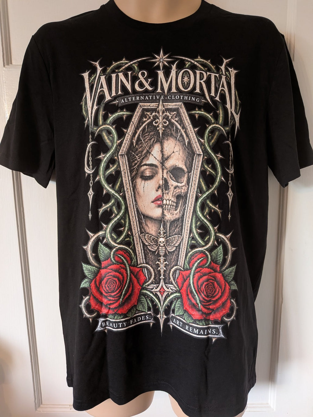 VAIN & MORTAL Beauty Fades Art Remains organic black standard T-shirt — real garment front view
