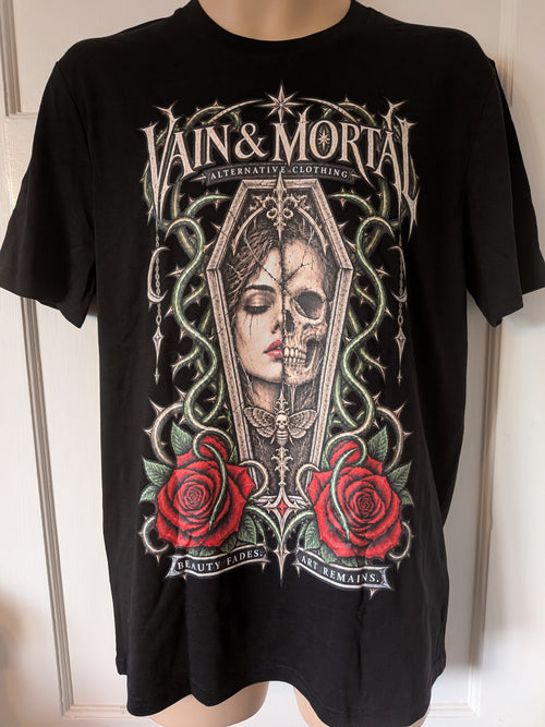 VAIN & MORTAL Beauty Fades Art Remains organic black standard T-shirt — real garment front view