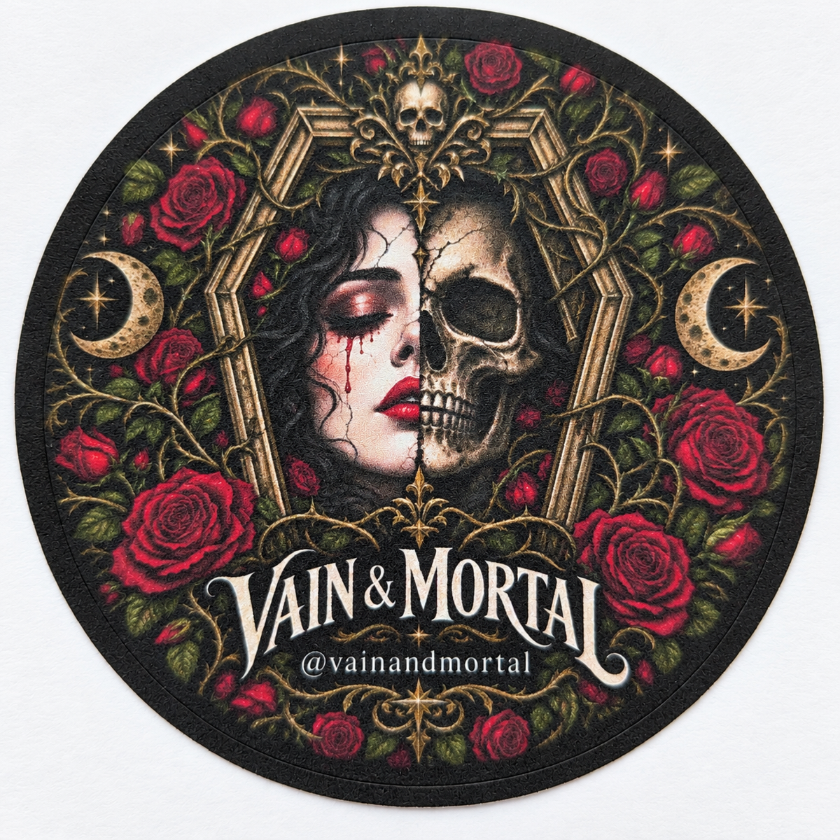 VAIN & MORTAL split face sticker with gothic rose details
