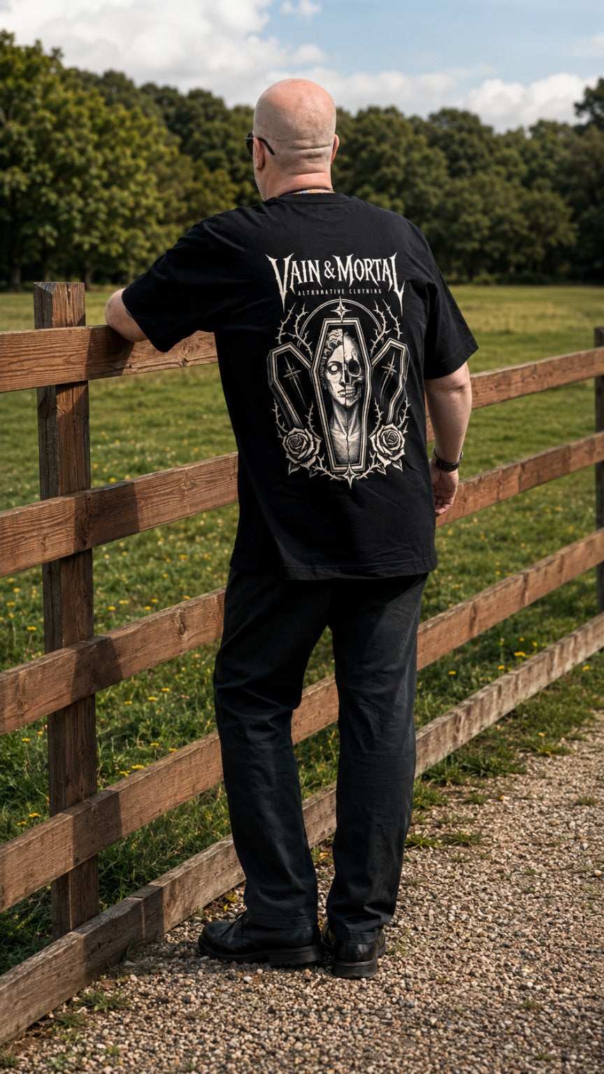 VAIN & MORTAL Beauty Fades. Art Remains. heavyweight organic black T-shirt — lifestyle back view