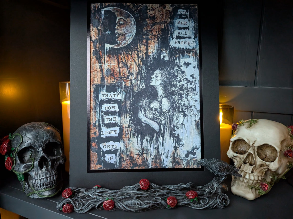 We Are All Broken mounted cotton canvas art print by Rowena, styled gothic display