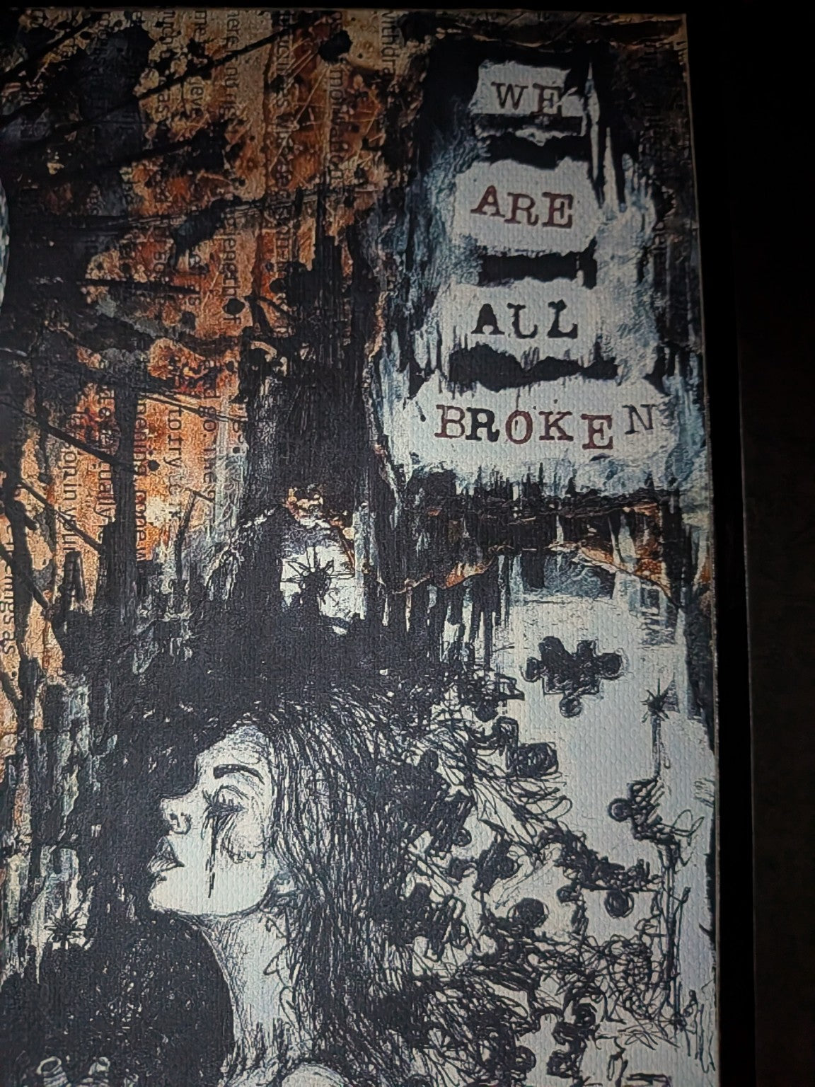 Close-up figure and texture detail from We Are All Broken canvas artwork