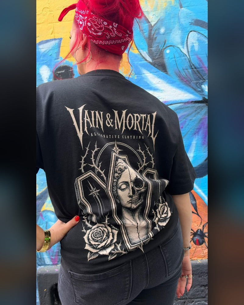 Full back view of the VAIN & MORTAL Beauty Fades. Art Remains. heavyweight tee in Holly’s shoot.